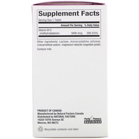 B12, Vitamin B, Vitaminer, Kosttillskott: Natural Factors, B12, Methylcobalamin, 5000 mcg, 60 Chewable Tablets