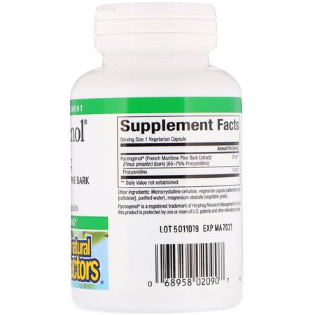 Pycnogenol, Extrakt Av Tallbark, Antioxidanter, Kosttillskott: Natural Factors, Pycnogenol, 25 mg, 60 Vegetarian Capsules