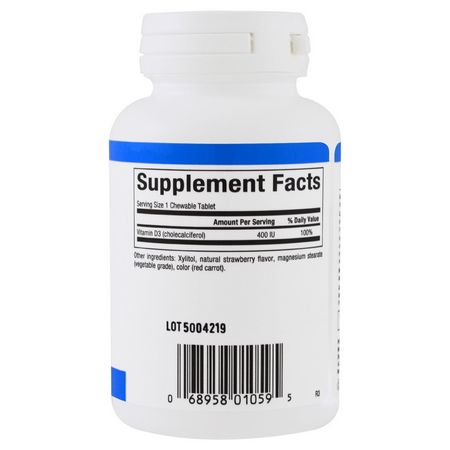 D3 Cholecalciferol, D-Vitamin, Vitaminer, Kosttillskott: Natural Factors, Vitamin D3, Strawberry Flavor, 400 IU, 100 Chewable Tablets