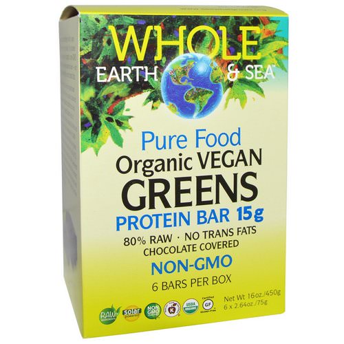 Natural Factors, Whole Earth & Sea, Pure Food Organic Vegan Greens Protein Bars, Chocolate Covered, 6 Bars, 2.64 oz (75 g) Each Review