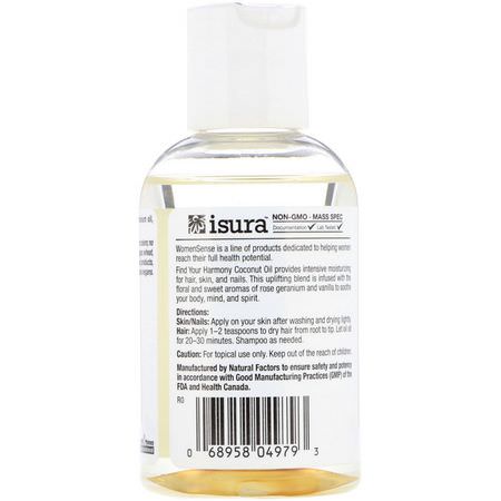 Coconut Skin Care, Beauty, Blandningar, Eteriska Oljor: Natural Factors, WomenSense, Coconut Oil with Essential Oil of Rose Geranium & Vanilla, 4 oz (115 ml)