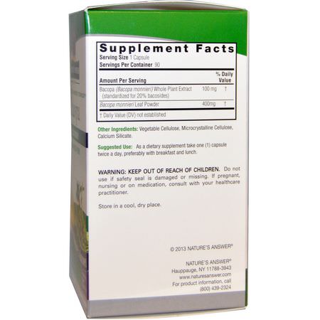 Bacopa, Adaptogens, Homeopati, Örter: Nature's Answer, Bacopa, 500 mg, 90 Vegetarian Capsules