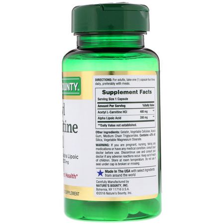 Acetyl L-Karnitin, Aminosyror, Kosttillskott: Nature's Bounty, Acetyl L-Carnitine HCI, 400 mg, 30 Capsules