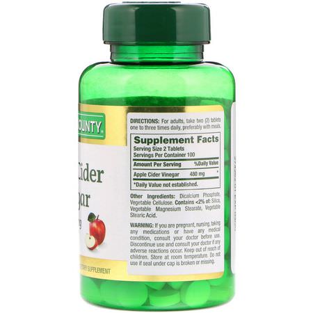 Äppelcidervinäger, Vikt, Kost, Kosttillskott: Nature's Bounty, Apple Cider Vinegar, 480 mg, 200 Tablets