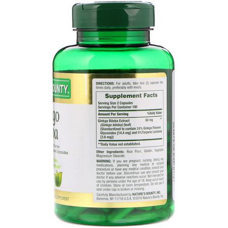 Ginkgo Biloba, Homeopati, Örter: Nature's Bounty, Ginkgo Biloba, 60 mg, 200 Capsules