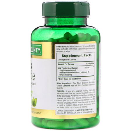 Lever, Kosttillskott, Mjölktistel Silymarin, Homeopati: Nature's Bounty, Milk Thistle, 250 mg, 200 Capsules