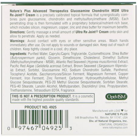 Fog, Ben, Kosttillskott, Salvor: Nature's Plus, Advanced Therapeutics, Glucosamine Chondroitin MSM Ultra Rx-Joint Cream, 4 fl oz (118 ml)