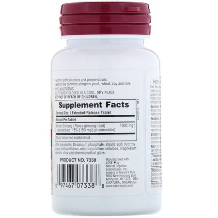 Ginseng, Homeopati, Örter: Nature's Plus, Herbal Actives, Korean Ginseng, Extended Release, 1,000 mg, 30 Vegetarian Tablets