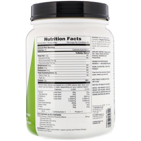 Ärtprotein, Växtbaserat Protein, Sportnäring: Nature's Plus, Organic Pea Protein Powder, 1.10 lbs (500 g)