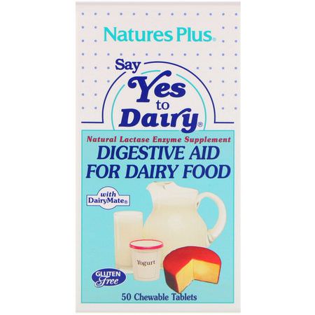 Laktas, Matsmältningsenzymer, Matsmältning, Kosttillskott: Nature's Plus, Say Yes to Dairy, Digestive Aid For Dairy Food, 50 Chewable Tablets