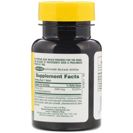 B12, Vitamin B, Vitaminer, Kosttillskott: Nature's Plus, Vitamin B-12, 2000 mcg, 60 Tablets
