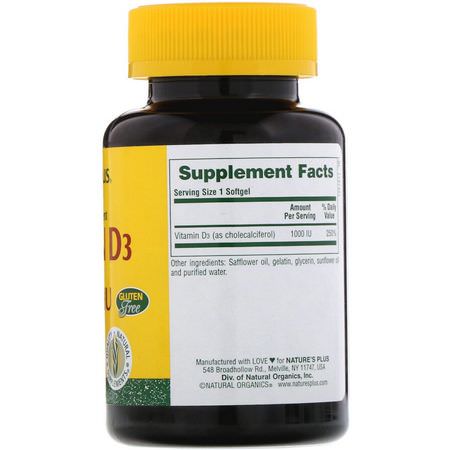 D3 Cholecalciferol, D-Vitamin, Vitaminer, Kosttillskott: Nature's Plus, Vitamin D3, 1000 IU, 180 Softgels
