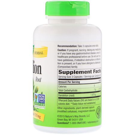 Maskrosröt, Homeopati, Örter: Nature's Way, Dandelion Root, 525 mg, 180 Vegetarian Capsule