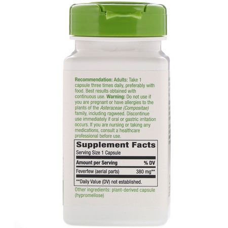 Feverfew, Homeopati, Örter: Nature's Way, Feverfew Herb, 380 mg, 100 Vegan Capsules