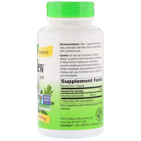 Feverfew, Homeopati, Örter: Nature's Way, Feverfew Herb, 380 mg, 180 Vegetarian Capsules