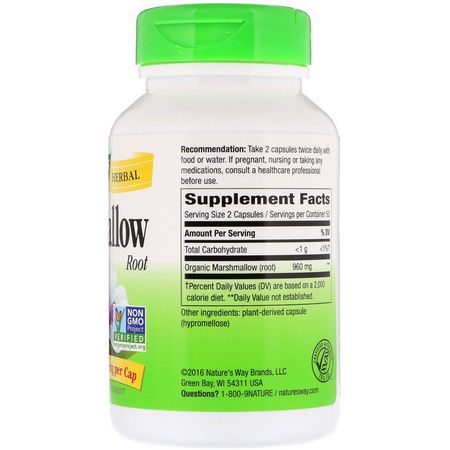 Marshmallowrot, Homeopati, Örter: Nature's Way, Marshmallow Root, 960 mg, 100 Vegan Capsules