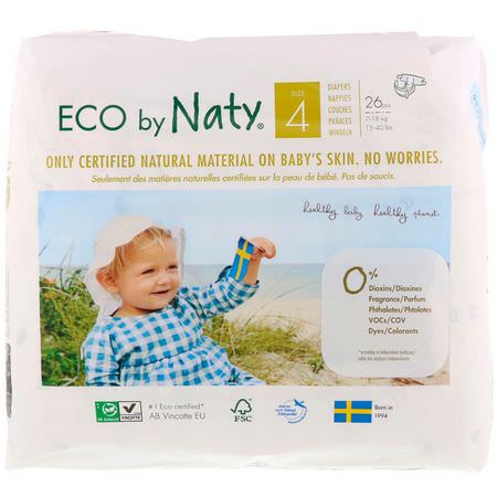Engångsblöjor, Blöjor, Barn: Naty, Diapers for Sensitive Skin, Size 4, 15-40 lbs (7-18 kg), 26 Diapers