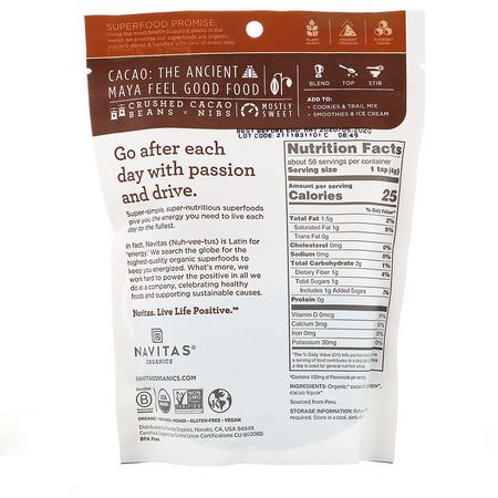 Cacao, Superfoods, Greens: Navitas Organics, Organic Cacao Sweet Nibs, 8 oz (227 g)