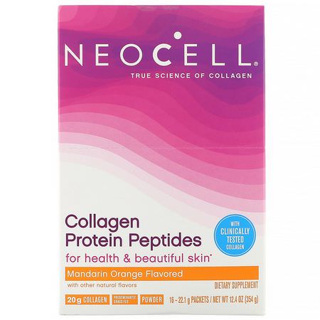 Kollagentillskott, Fog, Ben, Kosttillskott: Neocell, Collagen Protein Peptides, Mandarin Orange, 16 Packets, .78 oz (22 g) Each