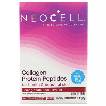 Kollagentillskott, Fog, Ben, Kosttillskott: Neocell, Collagen Protein Peptides, Pomagranate Acai, 16 Packets, .75 oz (21 g) Each