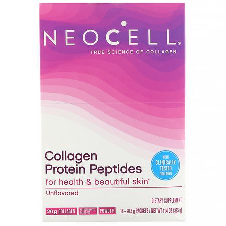Kollagentillskott, Fog, Ben, Kosttillskott: Neocell, Collagen Protein Peptides, Unflavored, 16 Packets, .71 oz (20 g) Each