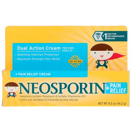 Salvor, Tematik, Första Hjälpen, Porselssatser: Neosporin, Dual Action Cream, Pain Relief Cream, For Kids Ages 2 +, 0.5 oz (14.2 g)
