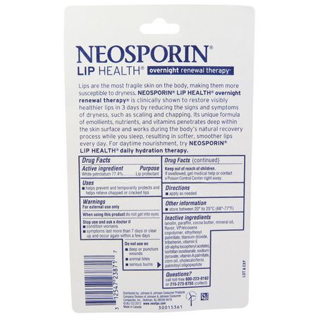 Läppbalsam, Läppvård, Bad: Neosporin, Overnight Renewal Therapy, White Petrolatum Lip Protectant, 0.27 oz (7.7 g)