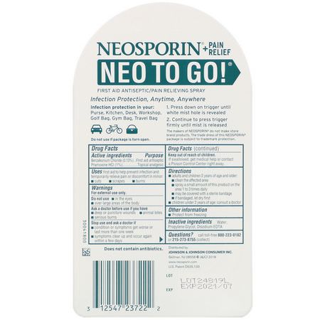 Salvor, Tematik, Första Hjälpen, Medicinskåpet: Neosporin, + Pain Relief, Neo To Go! First Aid Antiseptic/Pain Relieving Spray, 0.26 fl oz (7.7 ml)
