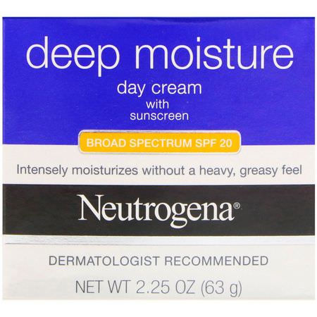 Solskyddsglasögon, Bad, Dagfuktare: Neutrogena, Deep Moisture, Day Cream with Sunscreen, Broad Spectrum SPF 20, 2.25 oz (63 g)