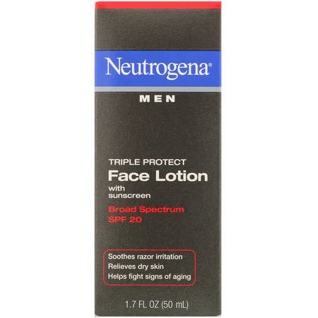Ansiktssolkräm, Bad: Neutrogena, Men, Triple Protect Face Lotion with Sunscreen, SPF 20, 1.7 fl oz (50 ml)