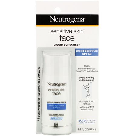 Ansiktssolkräm, Bad: Neutrogena, Sensitive Skin, Face, Liquid Sunscreen, SPF 50, 1.4 fl oz (40 ml)