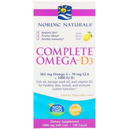 Omega-3 Fiskolja, Omegas Epa Dha, Fiskolja, Kosttillskott: Nordic Naturals, Complete Omega-D3, Lemon, 1,000 mg, 120 Soft Gels