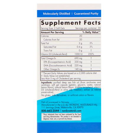 D3 Cholecalciferol, D-Vitamin, Vitaminer, Omega-3 Fiskolja: Nordic Naturals, Omega-3D, Lemon, 1000 mg, 60 Soft Gels