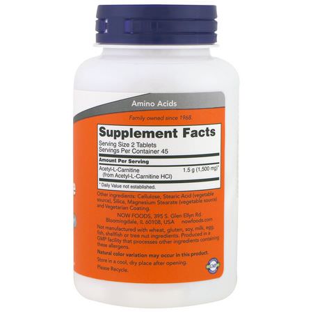 Acetyl L-Karnitin, Aminosyror, Kosttillskott: Now Foods, Acetyl-L Carnitine, 750 mg, 90 Tablets