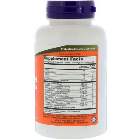 Reflux Relief, Digestion, Supplements: Now Foods, Acid Relief with Enzymes, 60 Chewables