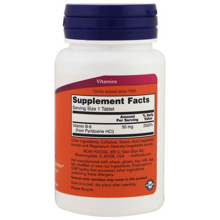 B6 Pyridoxine, Vitamin B, Vitaminer, Kosttillskott: Now Foods, B-6, 50 mg, 100 Tablets
