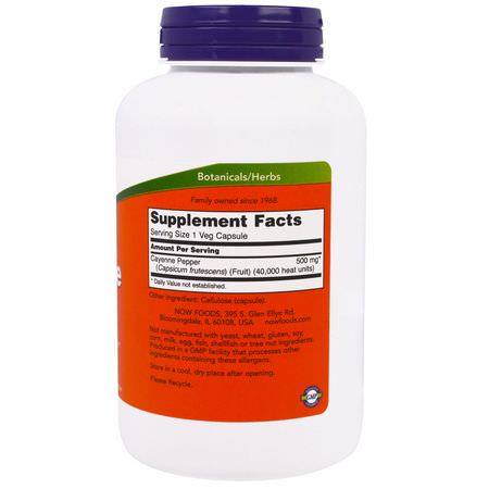 Cayenne Pepper Capsicum, Homeopati, Örter: Now Foods, Cayenne, 500 mg, 250 Veggie Caps