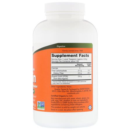 Prebiotic Fiber Inulin, Fiber, Matsmältning, Kosttillskott: Now Foods, Certified Organic Inulin, Prebiotic Pure Powder, 1 lb (454 g)