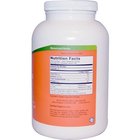 Spirulina, Alger, Superfoods, Greener: Now Foods, Certified Organic Spirulina Powder, 1 lb (454 g)