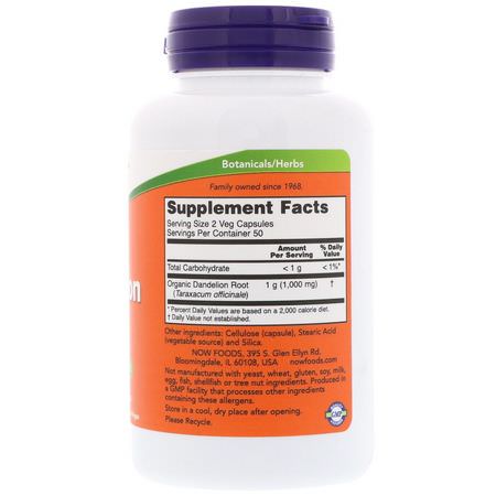 Maskrosröt, Homeopati, Örter: Now Foods, Dandelion Root, 500 mg, 100 Veg Capsules
