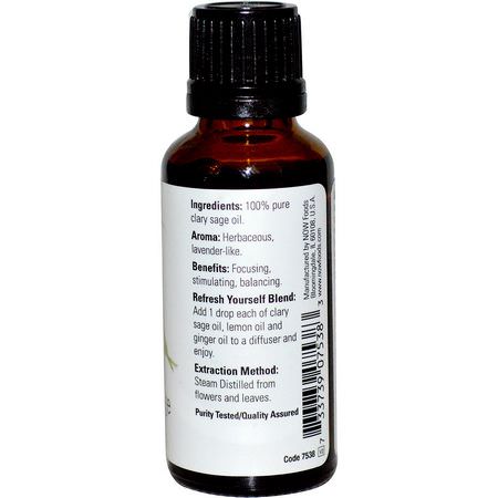 Clary Sage Oil, Eteriska Oljor, Aromterapi, Bad: Now Foods, Essential Oils, Clary Sage, 1 fl oz (30 ml)