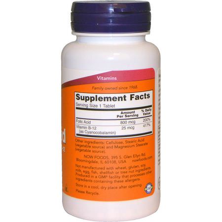 Folsyra, Vitamin B, Vitaminer, Kosttillskott: Now Foods, Folic Acid with Vitamin B-12, 800 mcg, 250 Tablets