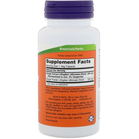 Ingefära, Homeopati, Örter: Now Foods, Ginger Root Extract, 250 mg, 90 Veg Capsules