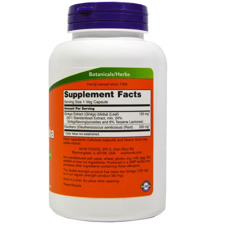 Ginkgo Biloba, Homeopati, Örter: Now Foods, Ginkgo Biloba, Double Strength, 120 mg, 200 Veg Capsules