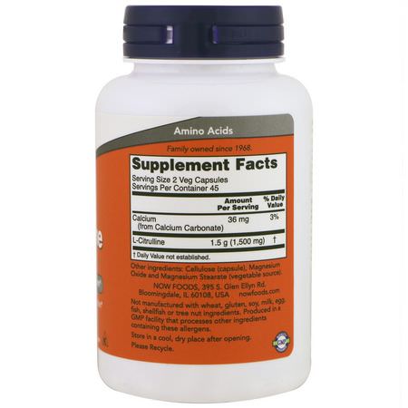 L-Citrulline, Amino Acids, Supplements: Now Foods, L-Citrulline, 750 mg, 90 Veg Capsules