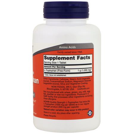 L-Tryptophan, Sleep, Supplements: Now Foods, L-Tryptophan, Double Strength, 1,000 mg, 60 Tablets