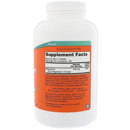 Magnesium, Mineraler, Kosttillskott: Now Foods, Magnesium Citrate, 200 mg, 250 Tablets