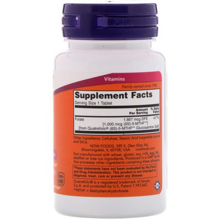 Folsyra, Vitamin B, Vitaminer, Kosttillskott: Now Foods, Methyl Folate, 1,000 mcg, 90 Tablets