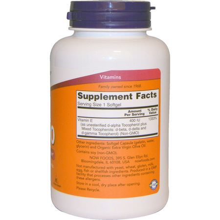 E-Vitamin, Vitaminer, Kosttillskott: Now Foods, Natural E-400 With Mixed Tocopherols, 250 Softgels