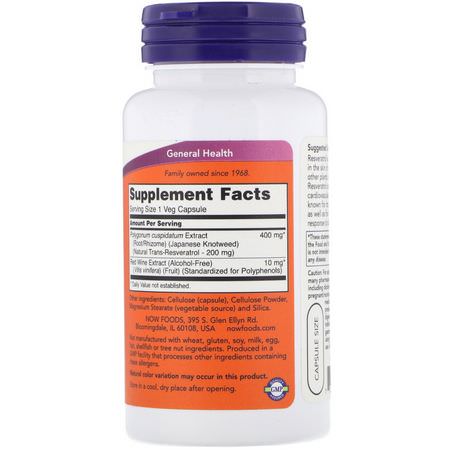 Resveratrol, Antioxidanter, Kosttillskott: Now Foods, Natural Resveratrol, 200 mg, 60 Veg Capsules